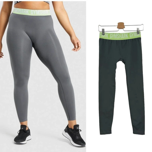 Gymshark Fit Seamless Leggings Gray / Neon Green Waistband Size Medium - Picture 1 of 8